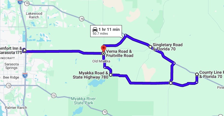 Google map preview of the Fruitville Loop motorcycle ride
